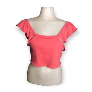Zara | Pink Coral Ruffle Off shoulder sleeve crop top ribbed •